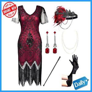 Plus Size Sequin Fringed Flapper Dress with Accessories, 1920s Gatsby Style